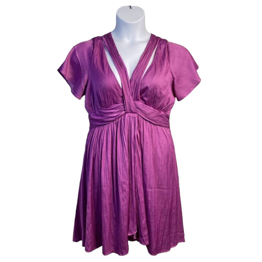 By Anthropologie Purple Deep V Flutter Short Sleeves Mini Dress Womens Size 10